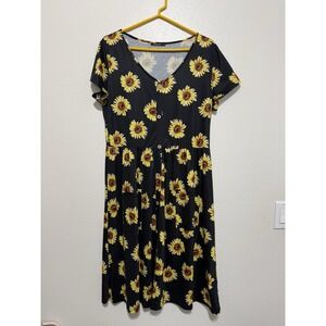 Ouges Women's Summer Dress Black With Sunflowers Front Pockets Sz XL